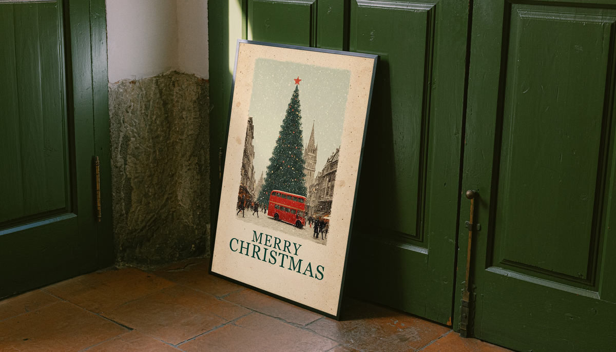 Freestanding Christmas poster with red bus, evergreen tree, and “MERRY CHRISTMAS” text