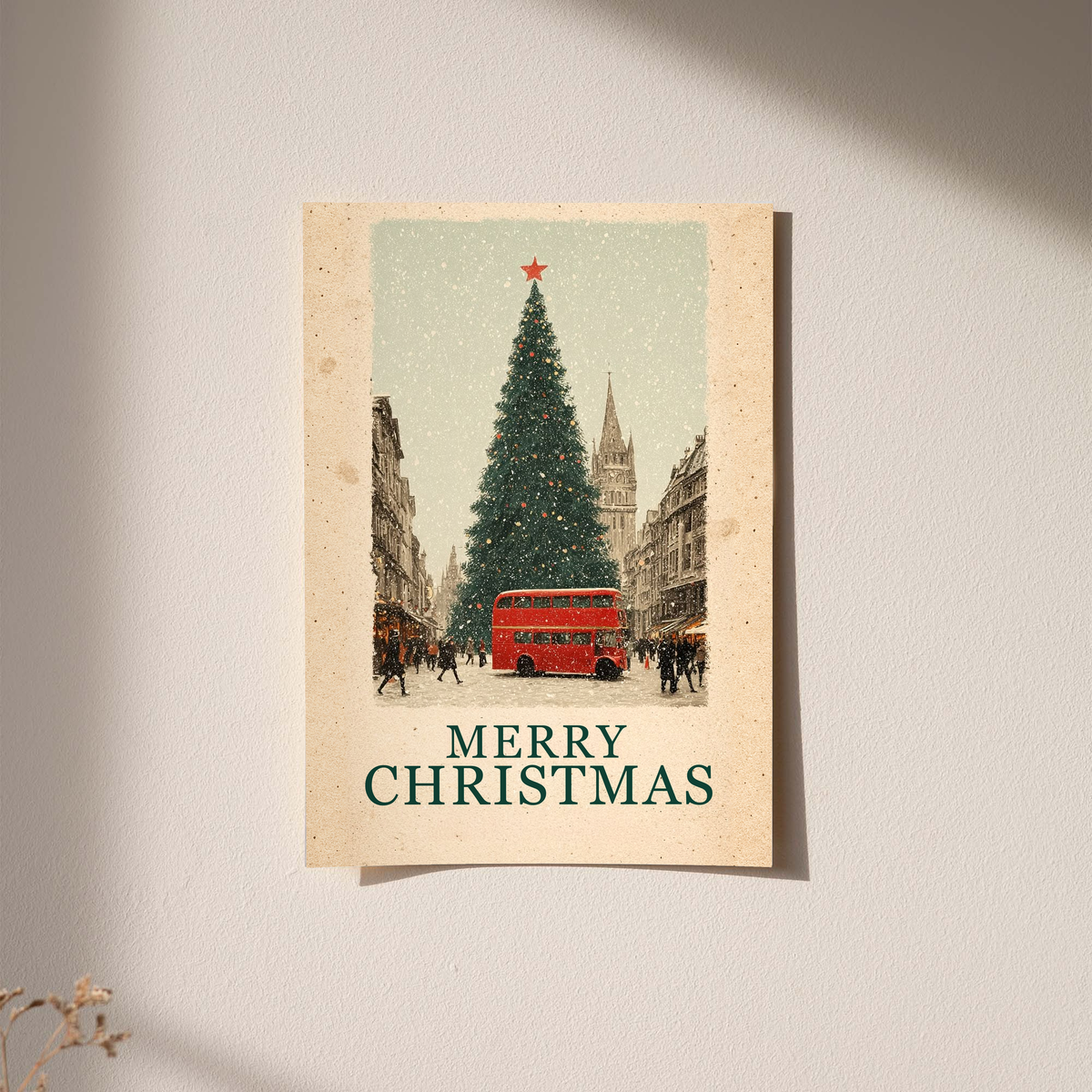 Cream-bordered Christmas poster with red bus, evergreen tree, and “MERRY CHRISTMAS”