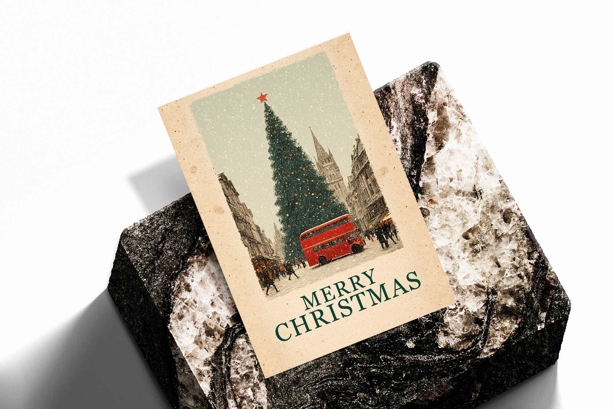 Christmas poster print with red bus, evergreen tree, and “Merry Christmas” lettering