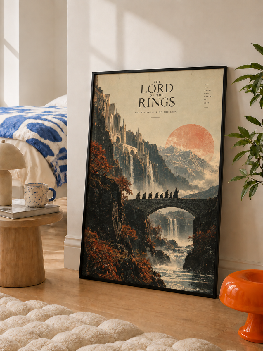 Lord of the Rings Fellowship wall art displayed in a warm modern bedroom