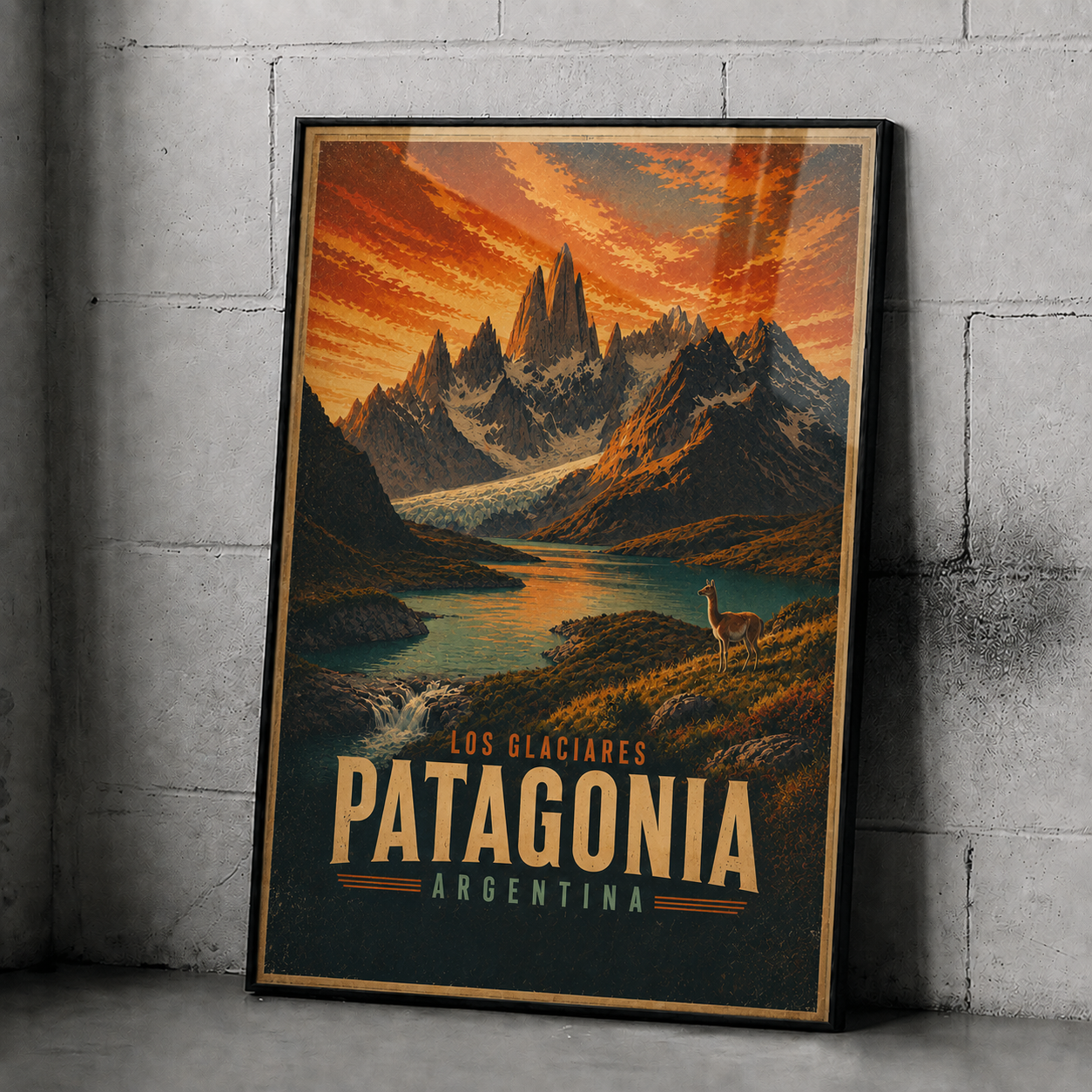 Framed vintage travel poster with mountain peaks, lake, orange sunset; text “LOS GLACIARES PATAGONIA ARGENTINA”