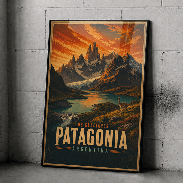 Framed vintage travel poster with mountain peaks, lake, orange sunset; text “LOS GLACIARES PATAGONIA ARGENTINA”
