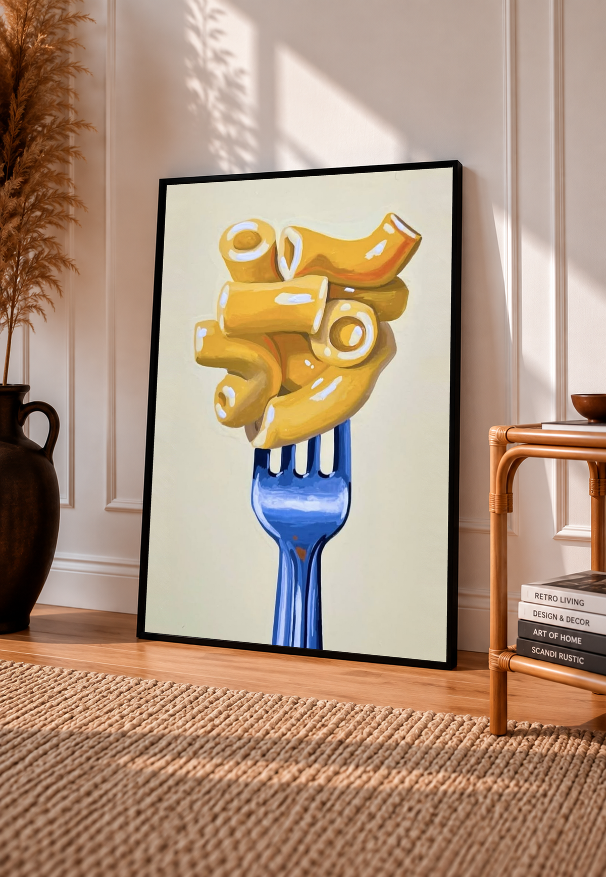 Framed wall art print of golden macaroni on a blue fork over a cream background