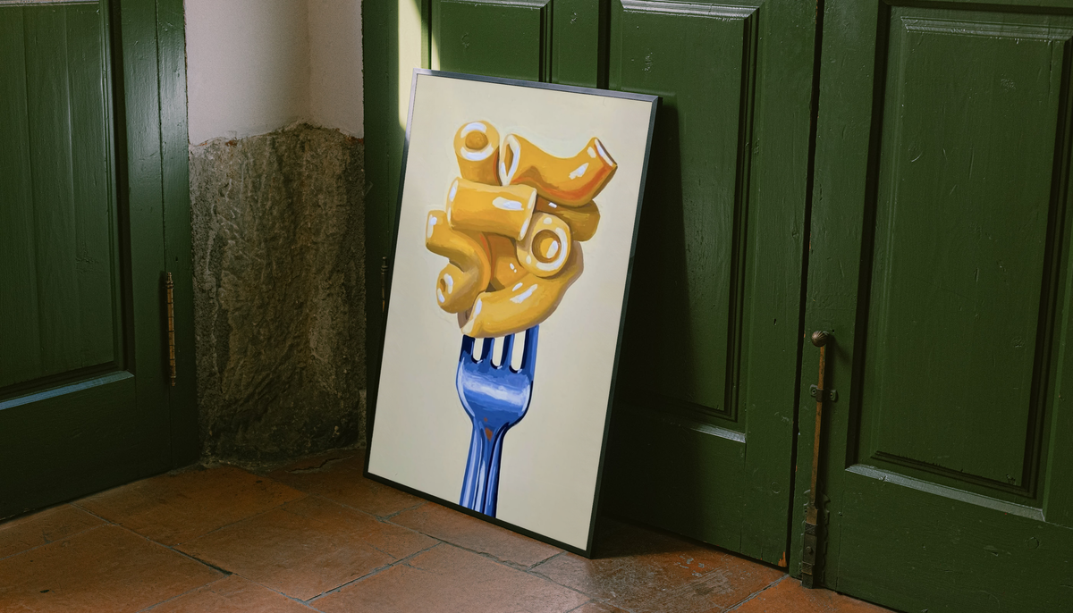 Framed wall art print of golden macaroni on a blue fork with cream background