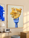 Framed wall art print of golden macaroni on a blue fork against a cream background