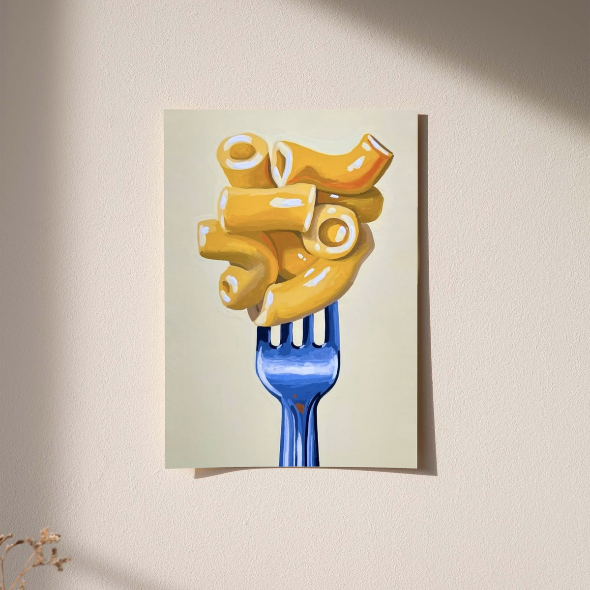 Wall art print of golden macaroni on a blue fork on a cream background