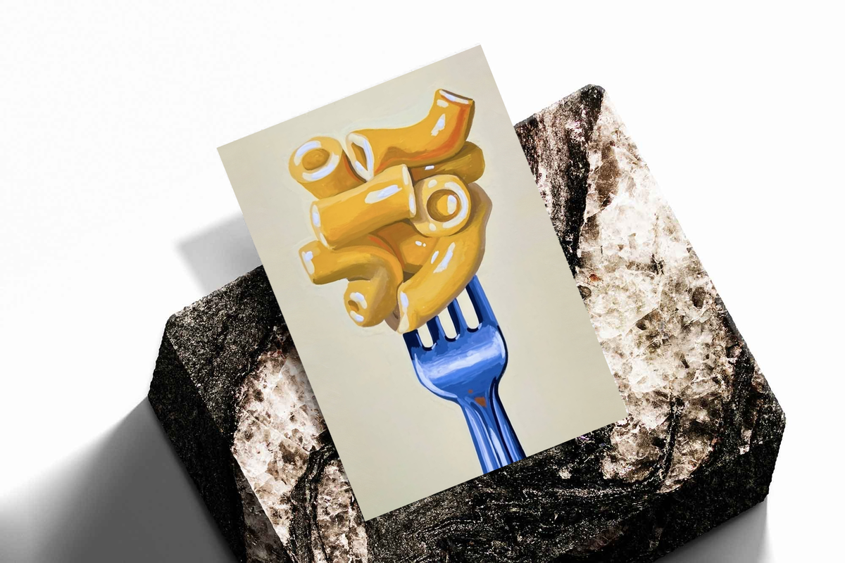 Wall art print of golden macaroni on a blue fork, shown at an angle