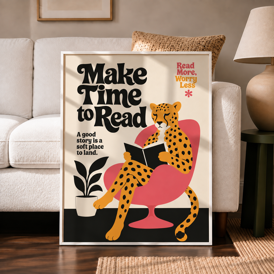 Make Time to Read leopard wall art styled in a modern living room