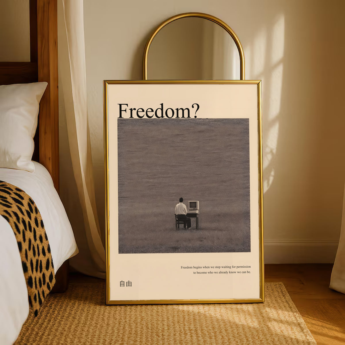Gold framed art poster showing “Freedom?” title and a small man at desk
