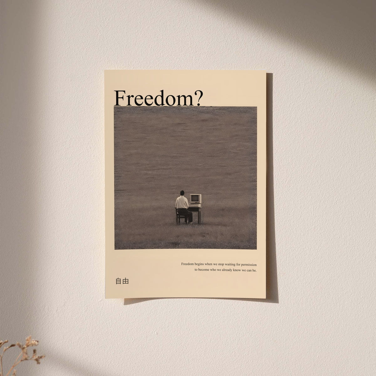 Unframed print of a man at a desk on a dark landscape, with “Freedom?” title