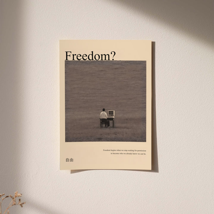 Unframed print of a man at a desk on a dark landscape, with “Freedom?” title