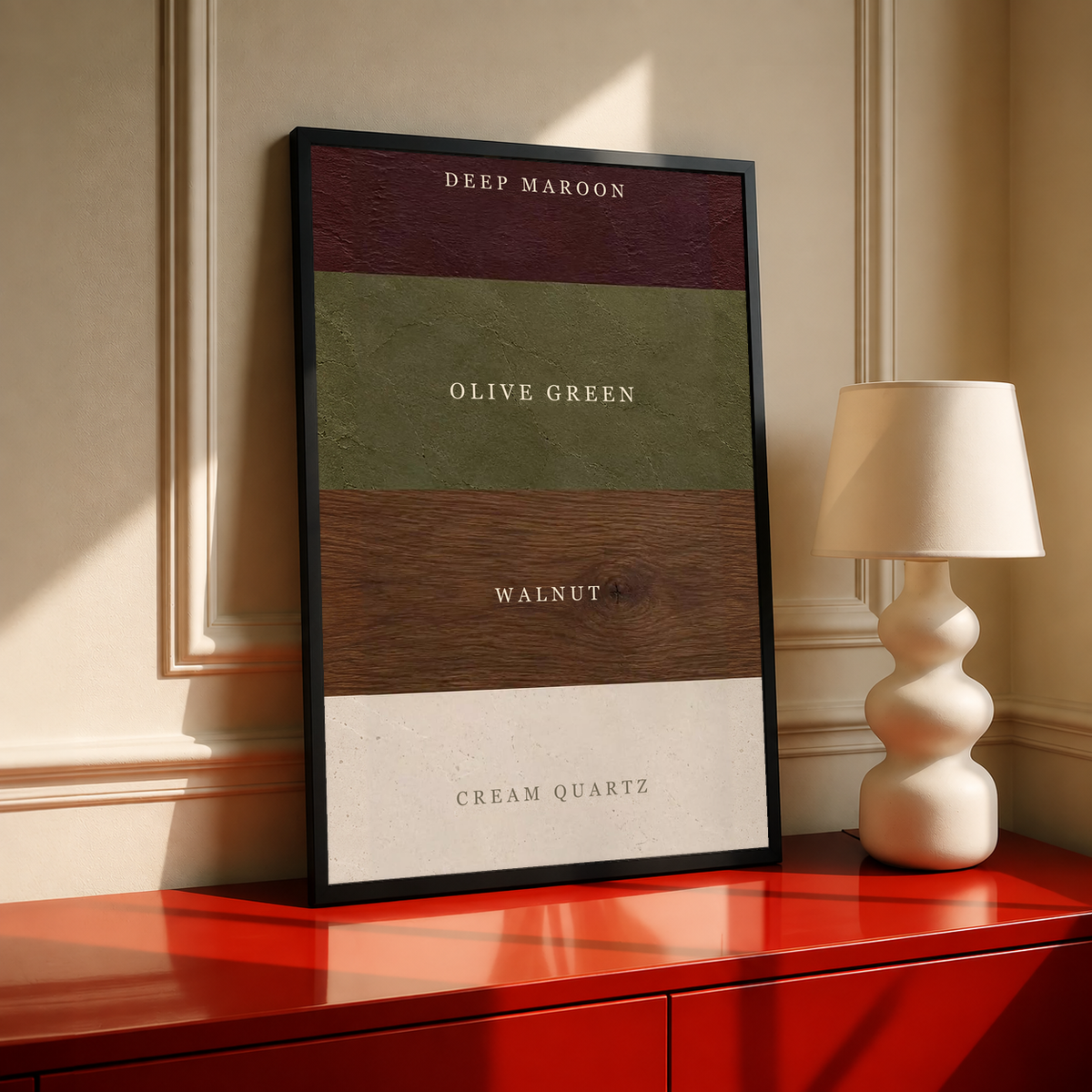 Tall framed color palette poster showing Deep Maroon, Olive Green, Walnut, and Cream Quartz stripes