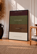 Framed color palette poster with Deep Maroon, Olive Green, Walnut, and Cream Quartz bands