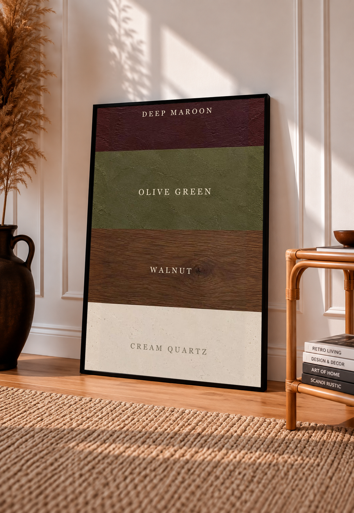 Framed color palette poster with Deep Maroon, Olive Green, Walnut, and Cream Quartz bands