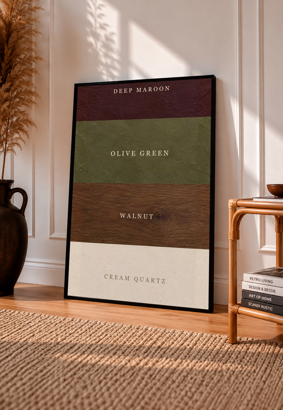Framed color palette poster with Deep Maroon, Olive Green, Walnut, and Cream Quartz bands