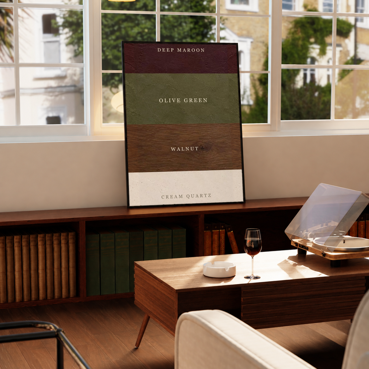 Framed color palette poster with Deep Maroon, Olive Green, Walnut, and Cream Quartz color blocks