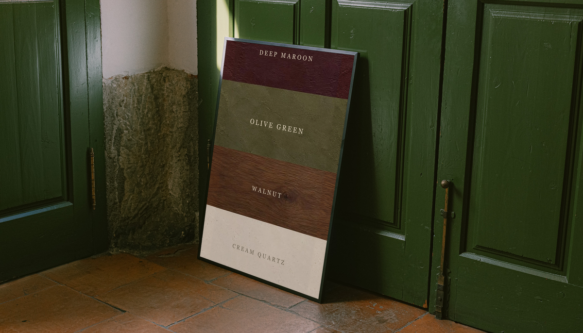 Color palette poster leaning on doors, with Deep Maroon, Olive Green, Walnut, and Cream Quartz