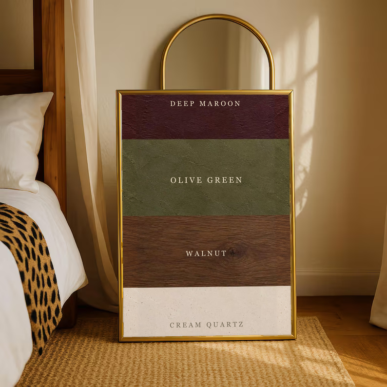 Gold-framed color palette poster with Deep Maroon, Olive Green, Walnut, and Cream Quartz bands