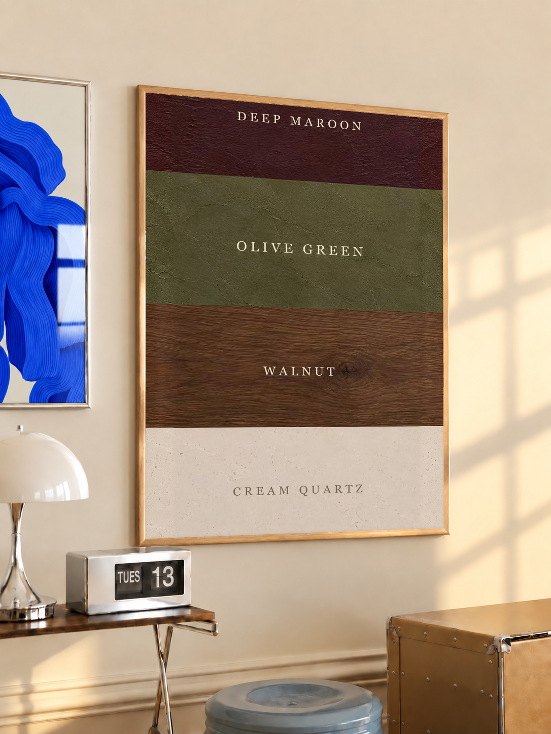 Framed color palette poster with Deep Maroon, Olive Green, Walnut, and Cream Quartz labels
