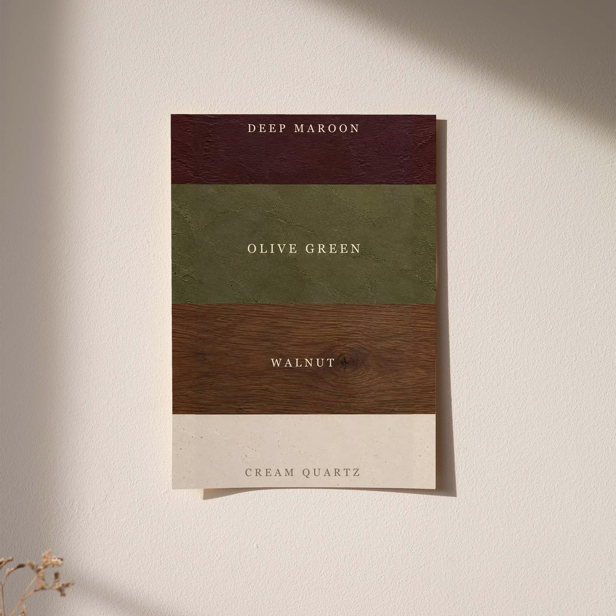 Wall-mounted framed color palette poster with Deep Maroon, Olive Green, Walnut, Cream Quartz