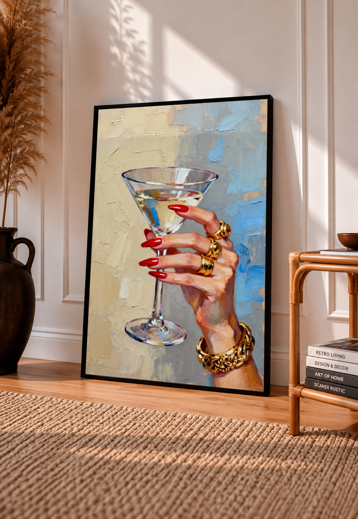 Black-framed hand print artwork: martini glass, red nails, gold rings on painterly blue