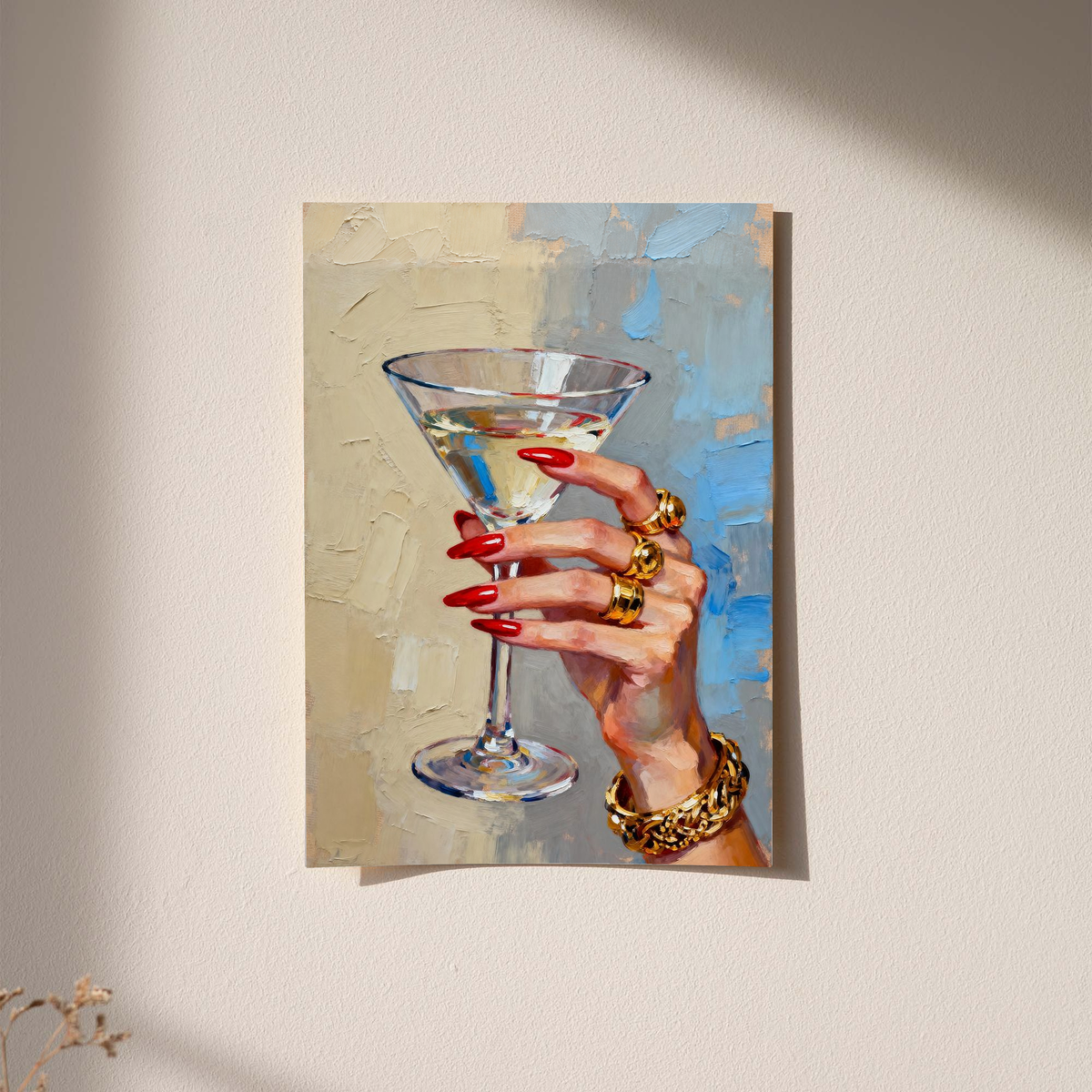 Square wall-hung hand print artwork: martini glass with red nails and gold rings