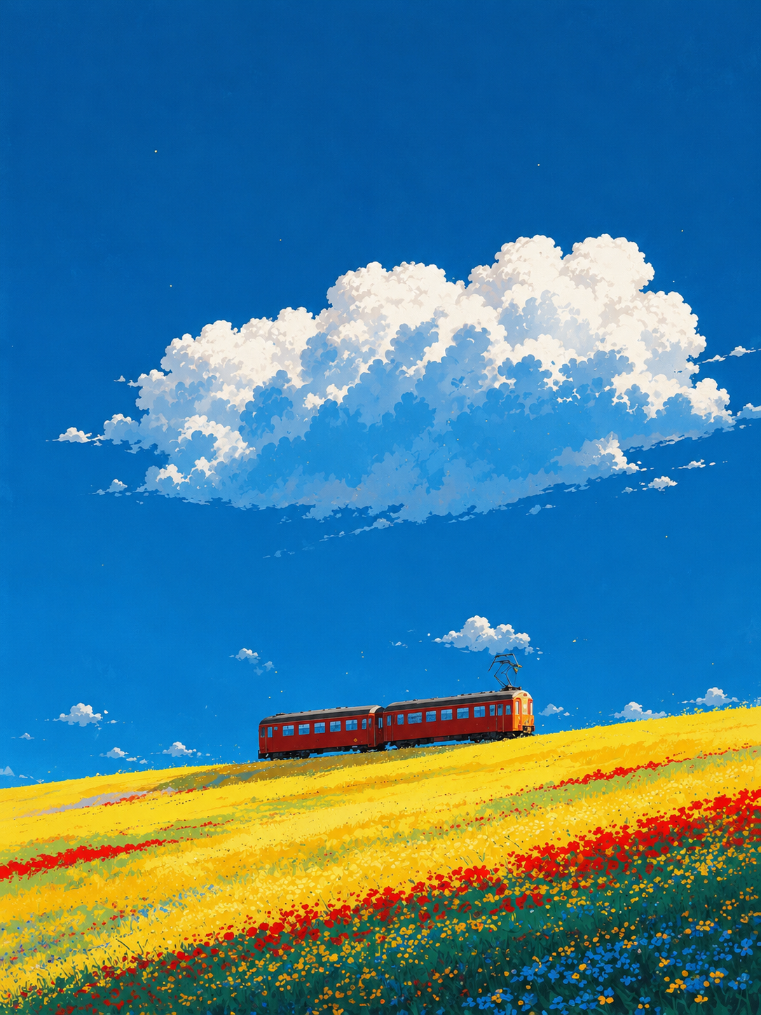 Red train crossing a colorful meadow beneath large white clouds