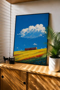 Framed meadow train cloudscape art print with blue sky, clouds, and colorful wildflower field