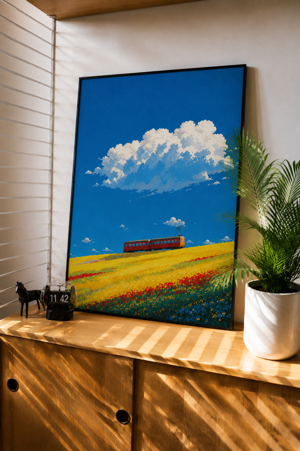 Meadow train cloudscape art print displayed in a light interior