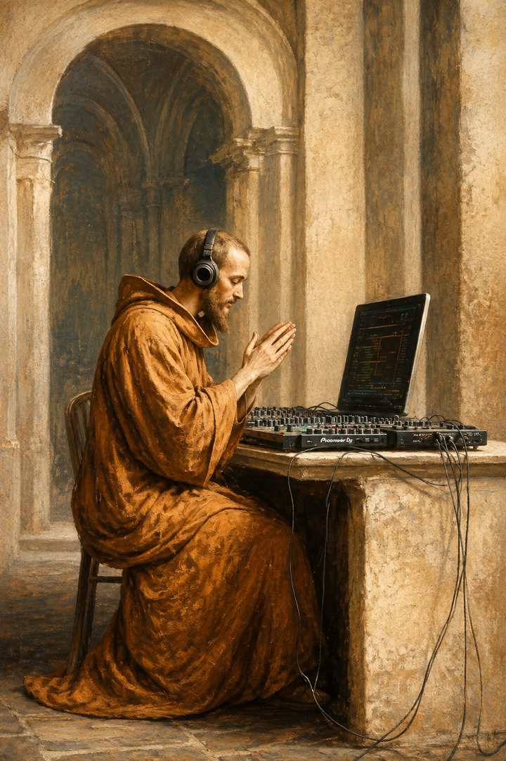 Medieval Monk Laptop Art Print depicting a robed scholar using a laptop at an old writing desk