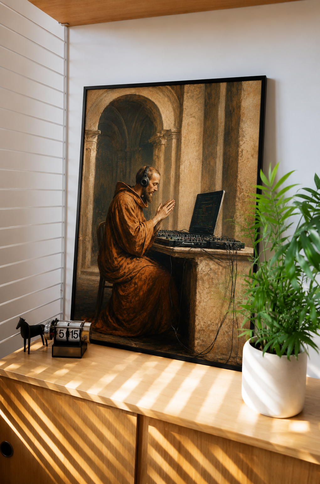 Medieval Monk Laptop Art Print displayed in a refined interior with dark classic styling
