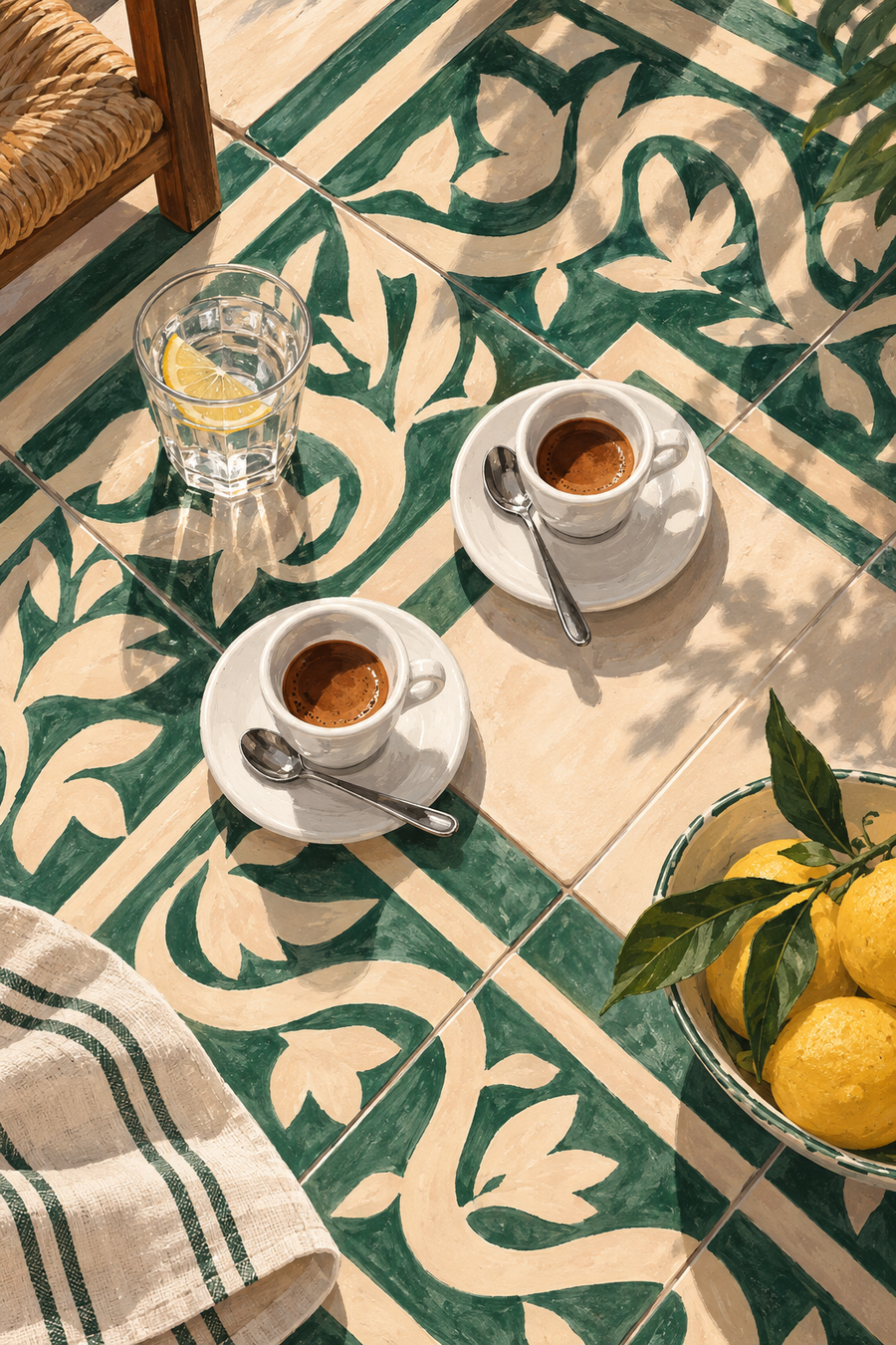 Mediterranean espresso and lemons kitchen wall art with patterned green cafe table