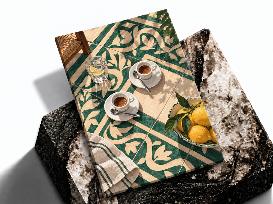 Mediterranean espresso and lemon poster shown as a premium art print mockup