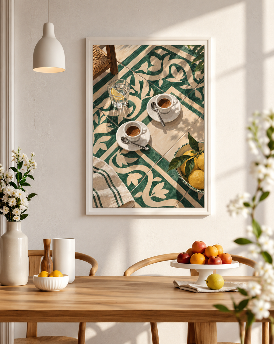 Mediterranean espresso and lemons wall art displayed in a warm modern kitchen