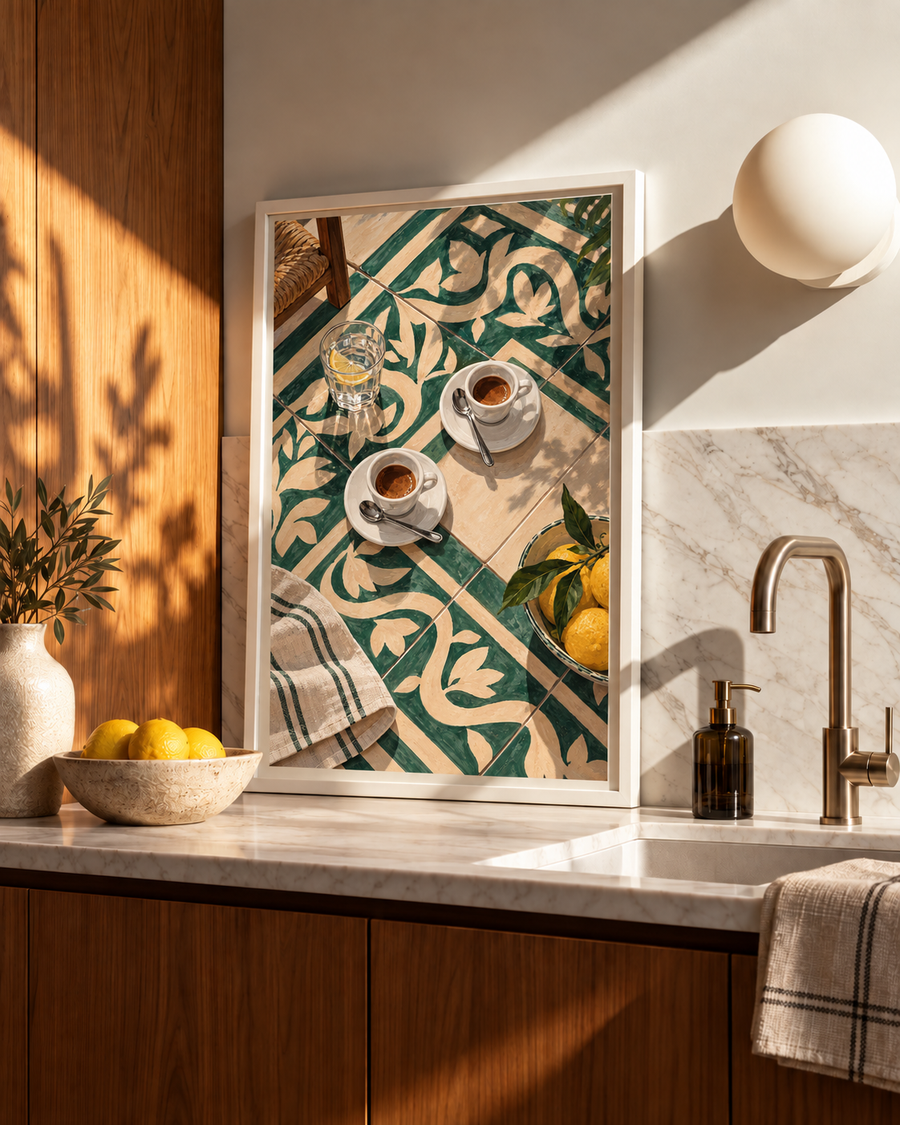 Mediterranean espresso and lemons kitchen art styled in a contemporary dining interior