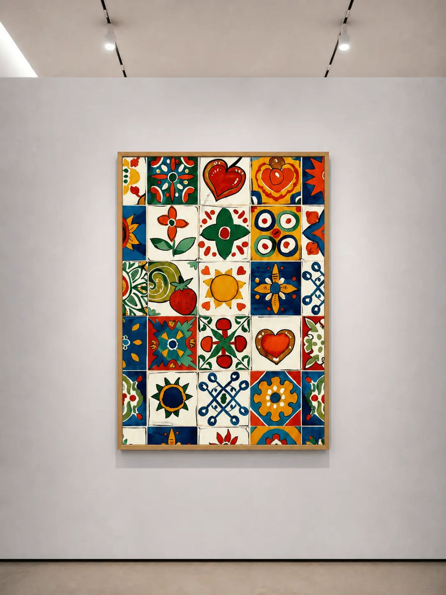 Impresión enmarcada de arte mural mediterráneo con corazones y flores de azulejos coloridos, marco de madera