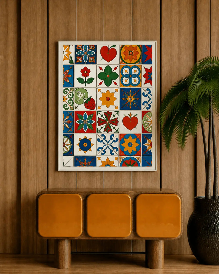 Mediterráneo cuadro enmarcado de arte mural con corazones y flores de mosaico coloridos, marco de madera oscura