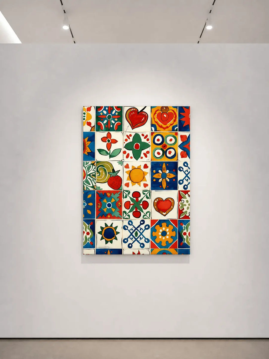alt
lámina enmarcada de arte mural mediterráneo con mosaico colorido de azulejos con corazón y flores, marco claro