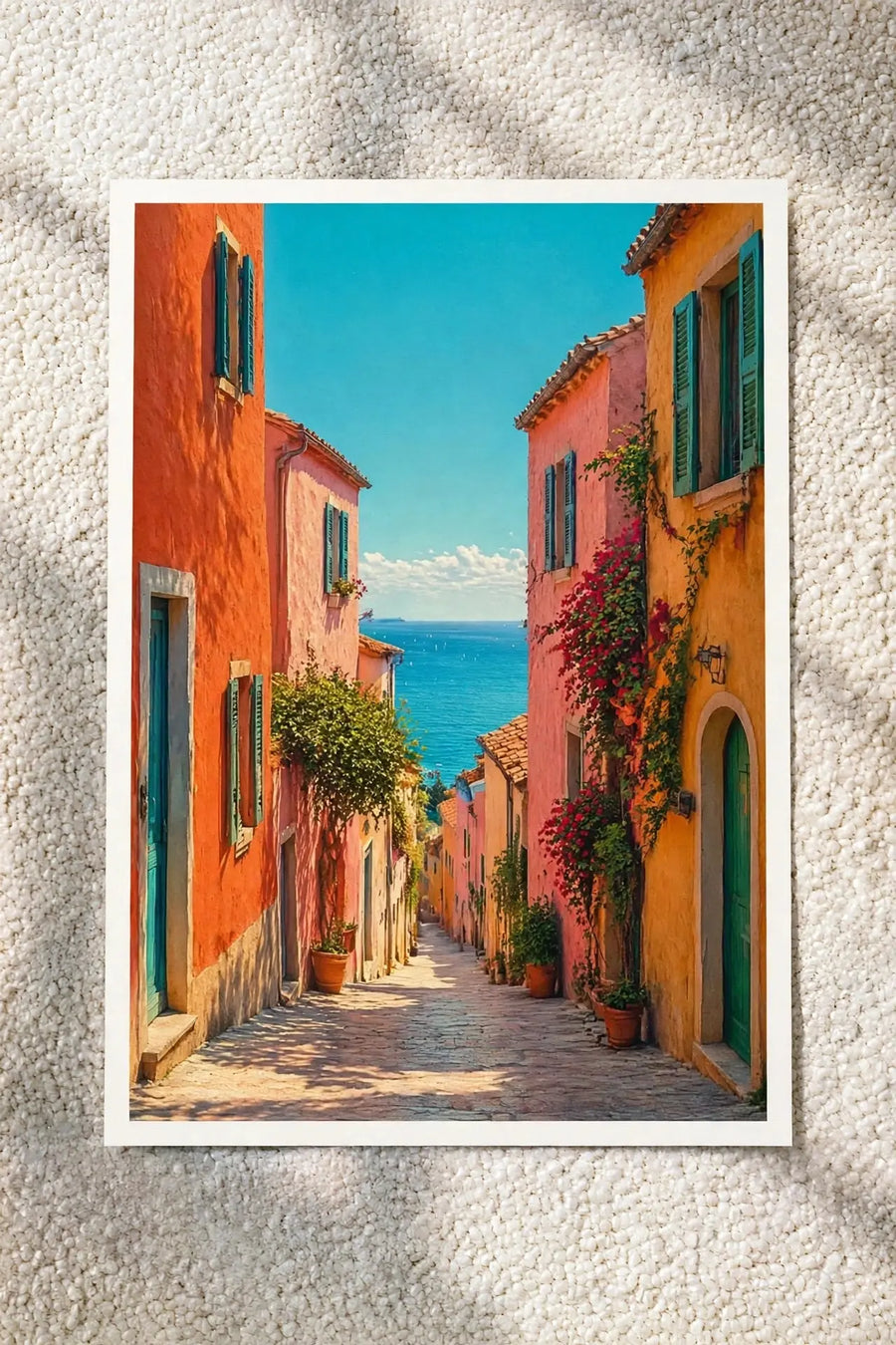 White-framed coastal alley wall art: colorful buildings and blue sea view
