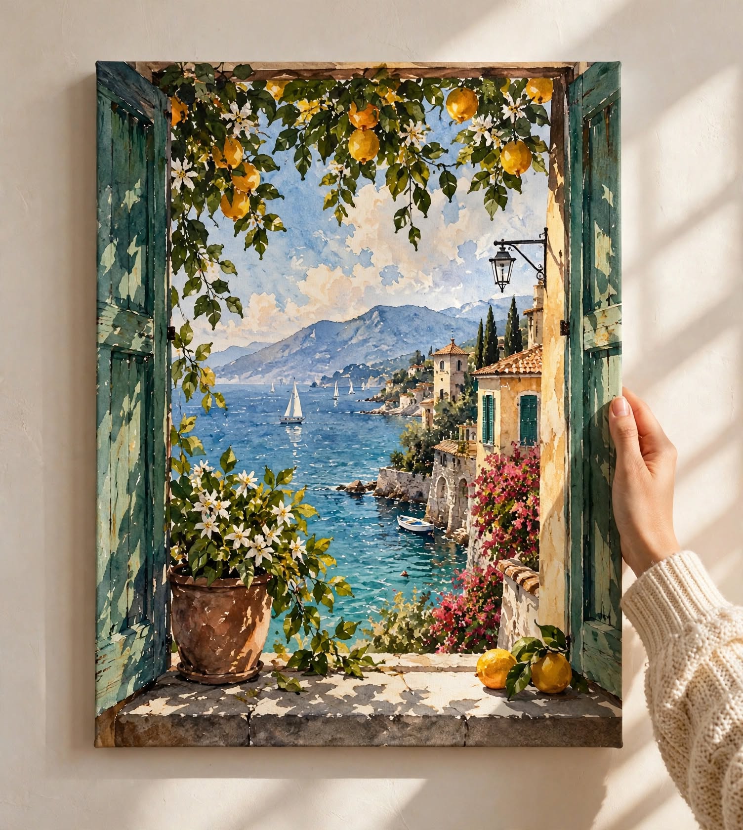 Mediterranean View Watercolor Art Print held against a softly lit wall with flowers, greenery and a peaceful seaside outlook