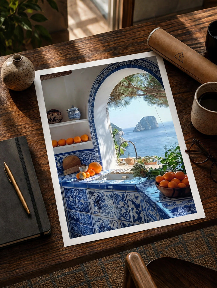 Coastal Window Print featuring traditional blue tiles, citrus fruit, and a peaceful sea view framed by a stone window.