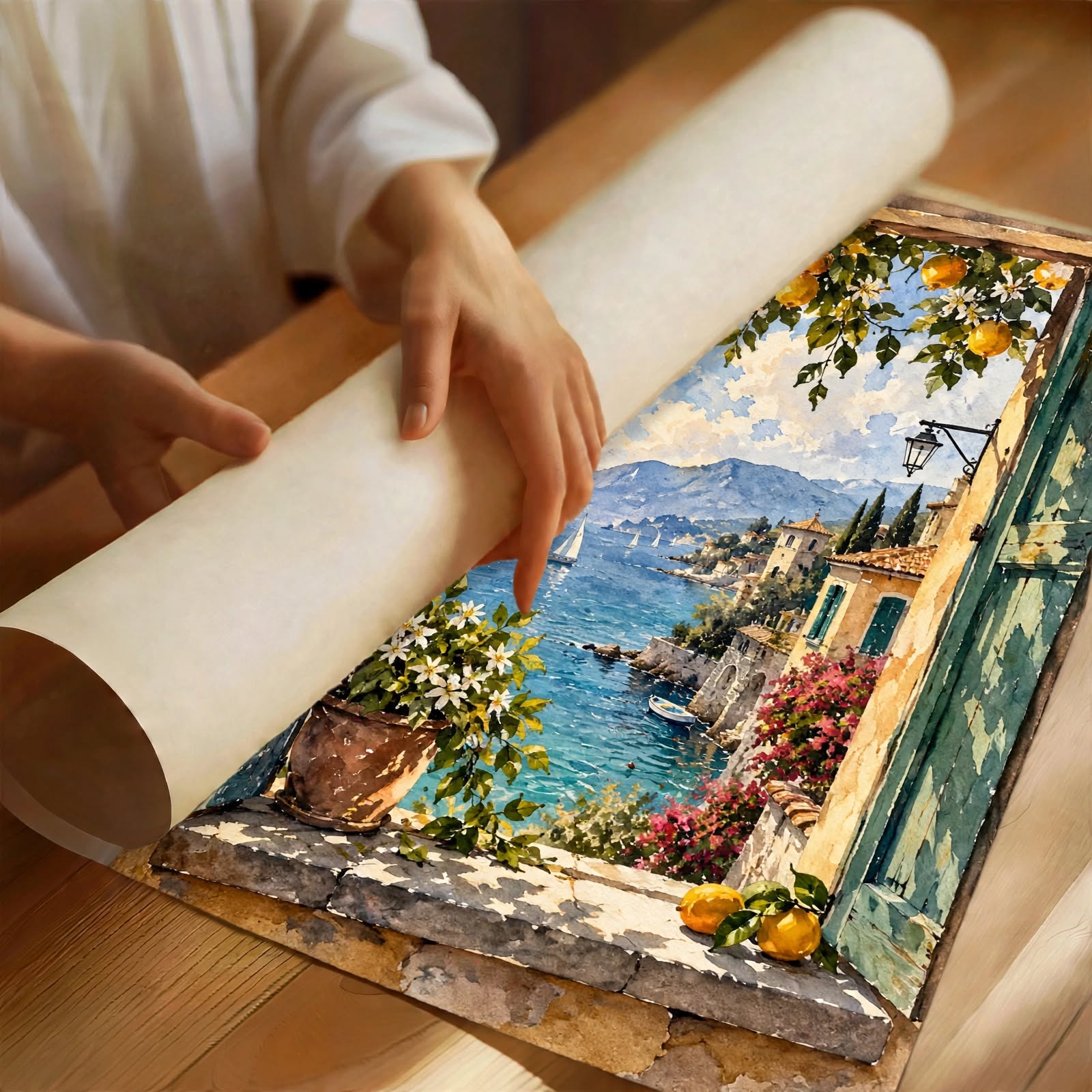 Mediterranean View Watercolor Art Print partially rolled to reveal layered blue washes, warm stone textures and colorful foliage