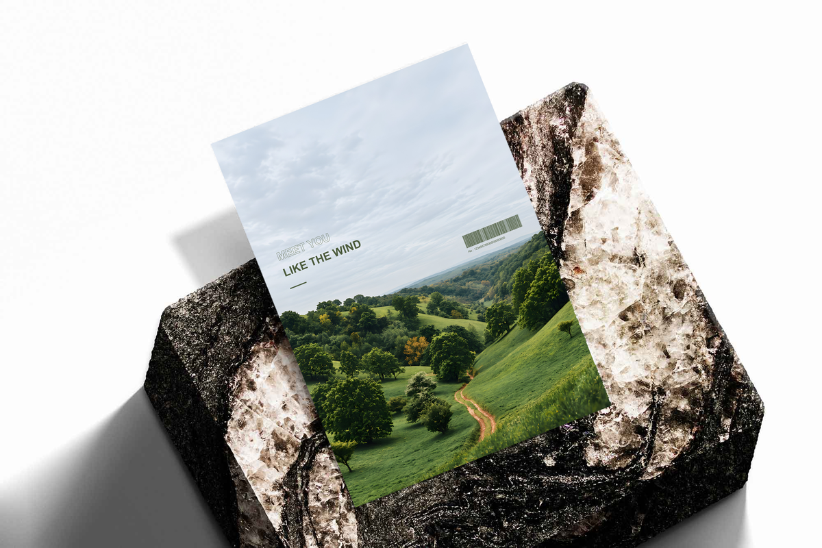 Green valley and winding path beneath Meet You Like the Wind lettering; unframed print on a stone display