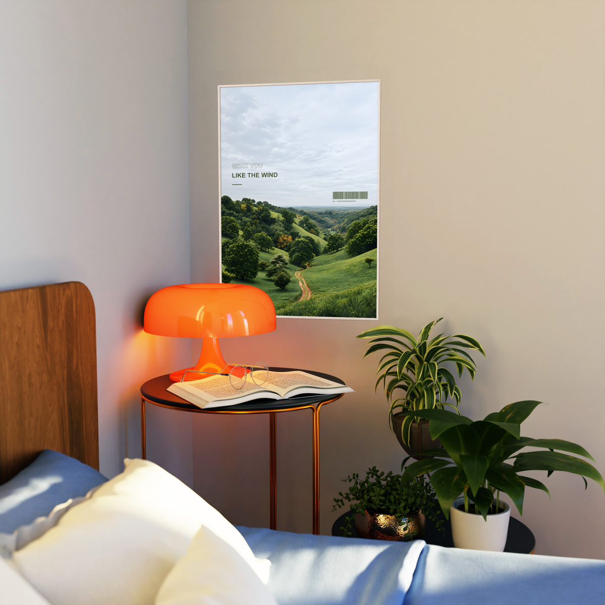 Green valley and winding path beneath Meet You Like the Wind lettering; artwork styled in a living room