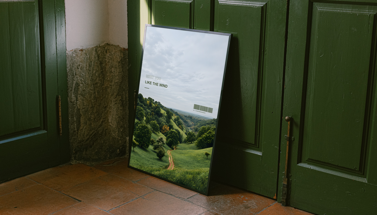 Green valley and winding path beneath Meet You Like the Wind lettering; unframed canvas styled by a green doorway