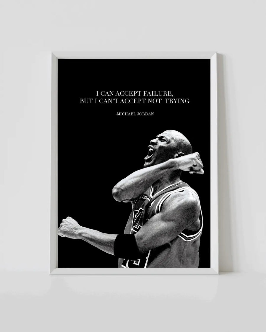 White-framed basketball quote poster with Michael Jordan portrait and inspirational text