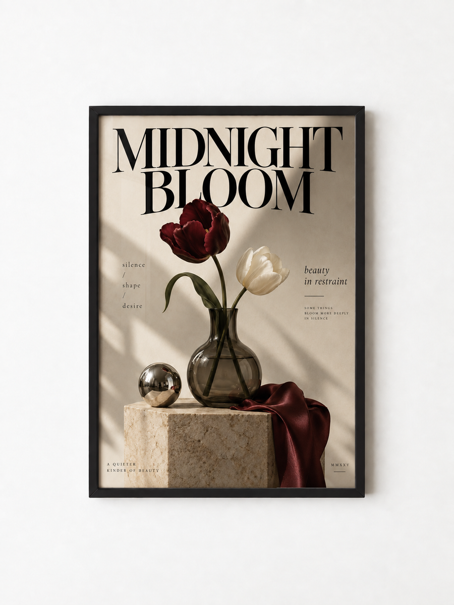 Framed floral wall art poster with glass vase, red and white tulips, stone block, sphere