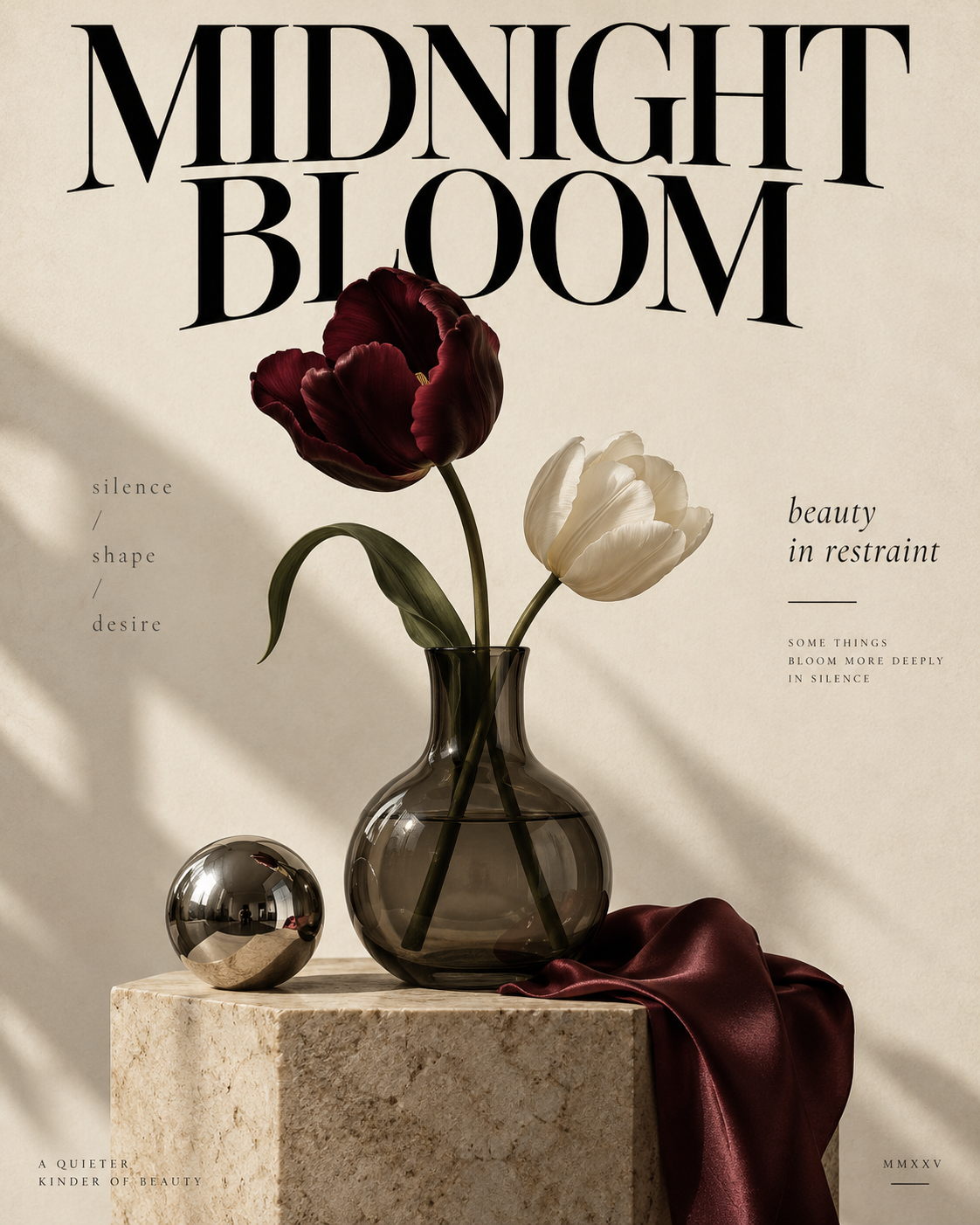 Floral wall art poster with glass vase, red and white tulips, stone block and sphere