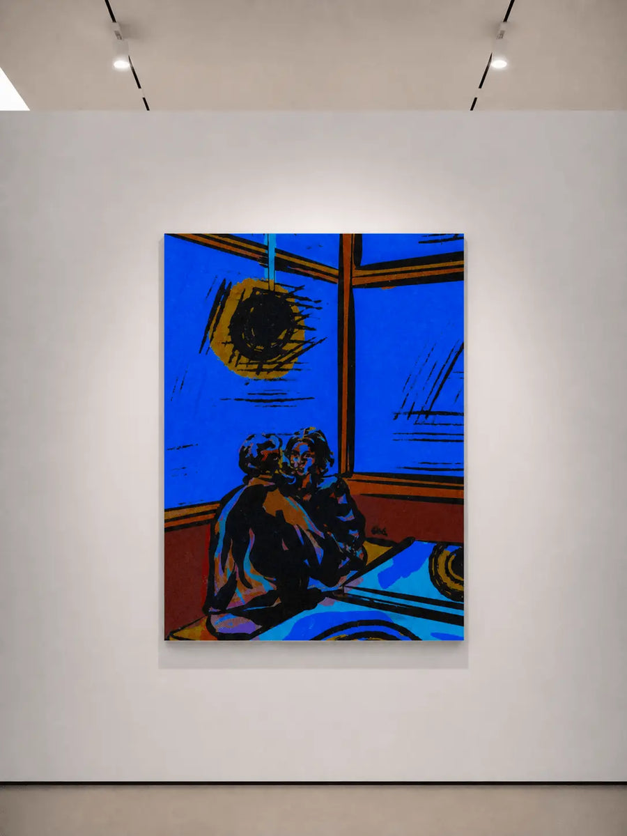 Impresión enmarcada de arte mural para restaurante, centrada en la pared, interior con ventana azul y figura sentada