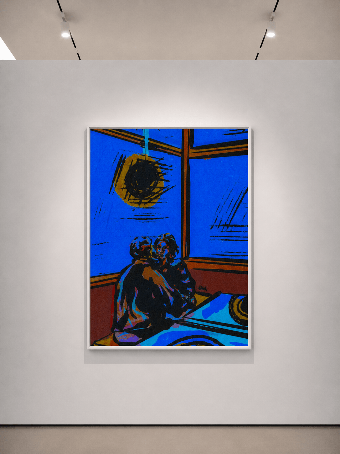 Stampa artistica da parete per ristorante con finestra blu in interno e figura seduta, cornice sottile in legno
